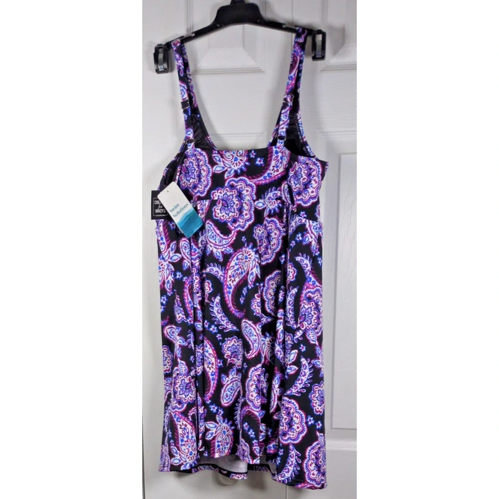 Swim Solutions Swim Dress Women 16 Black Paisley Print Tummy Control Vacay Beach - Picture 4 of 9